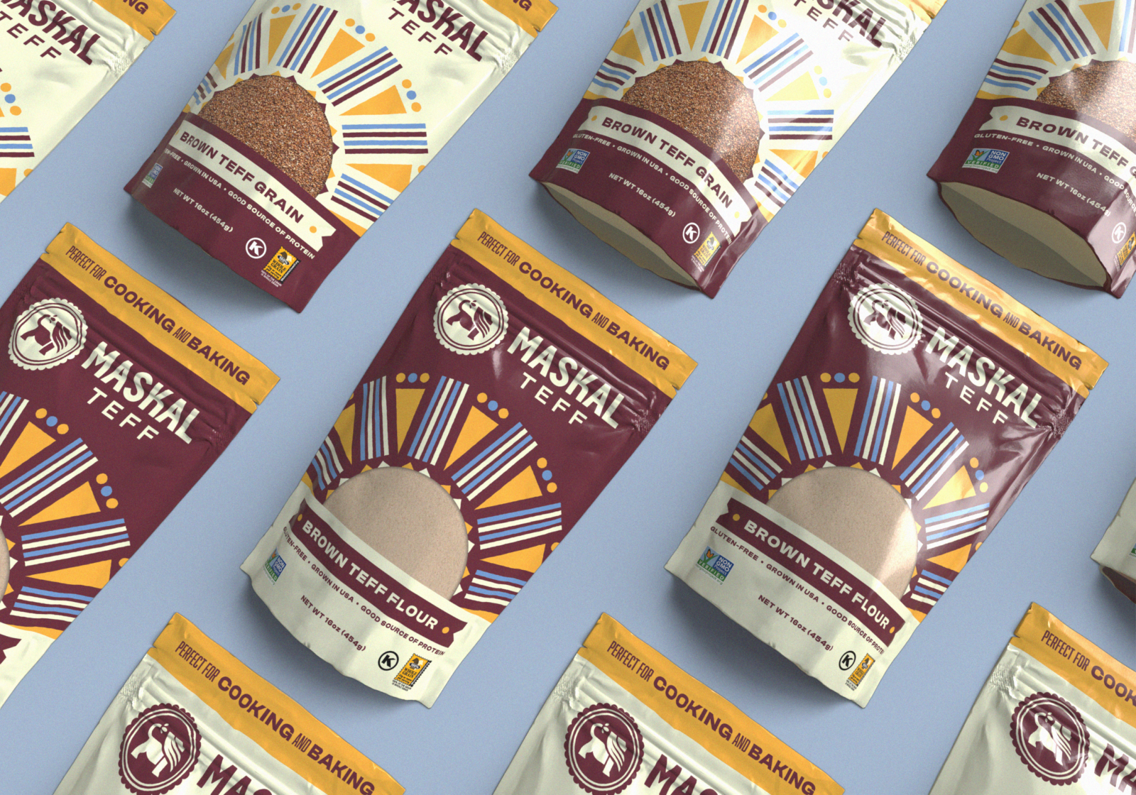 brown teff flour packaging on lilac background